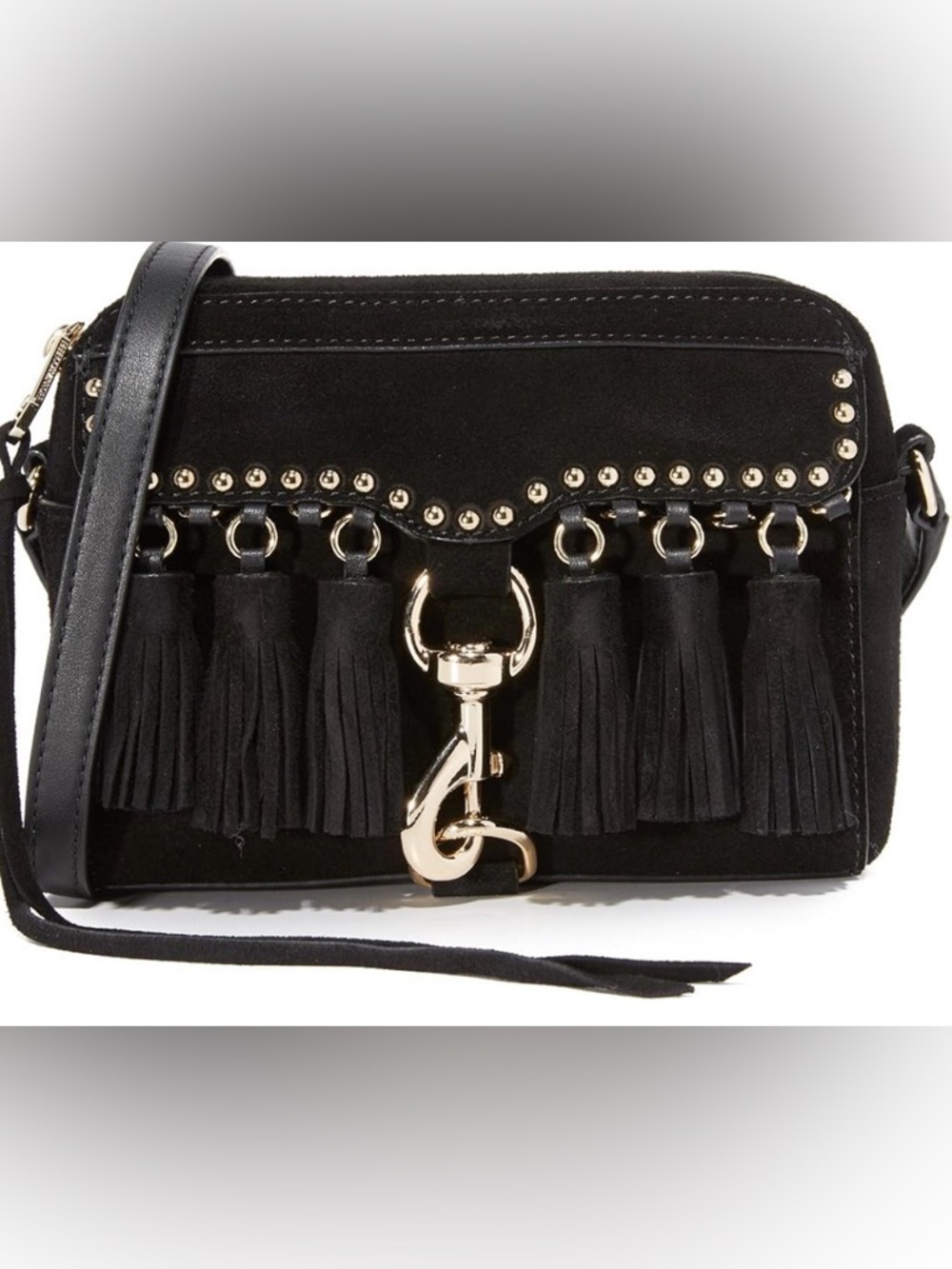 Black Suede Tassel Crossbody Bag with Gold Hardware